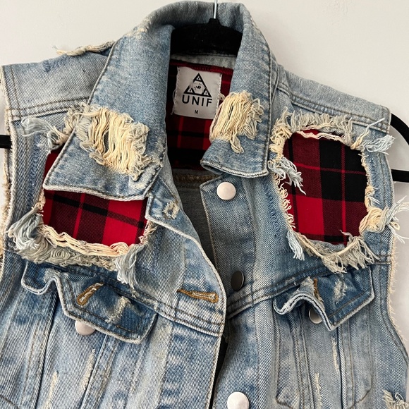 Unif Urban Outfitters Pieced Buffalo Plaid Denim Cutoff Vest Size M - Picture 6 of 6